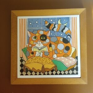 Ceramic & Wood Cat Wall Hanging. Orange Green Gold Pink Blue White Gray Black